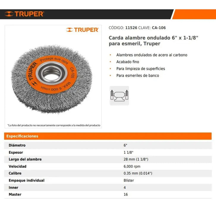 Cepillo Alambre Acero Amoladora Banco 6'' Truper