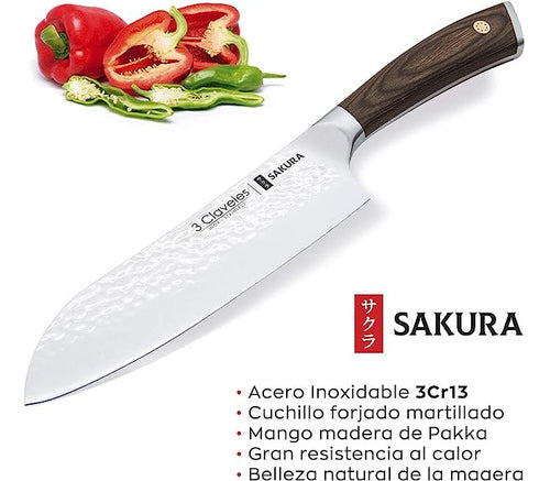 Cuchillo Santoku 3 Claveles Sakura Hoja Martillada Mango Madera 17cm