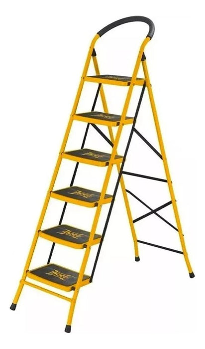 Escalera Ingco 6 Peldaños Aluminio Plegable Con Traba Amarilla