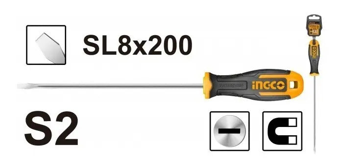 Destornillador Plano SL8 200mm Imantado Ingco