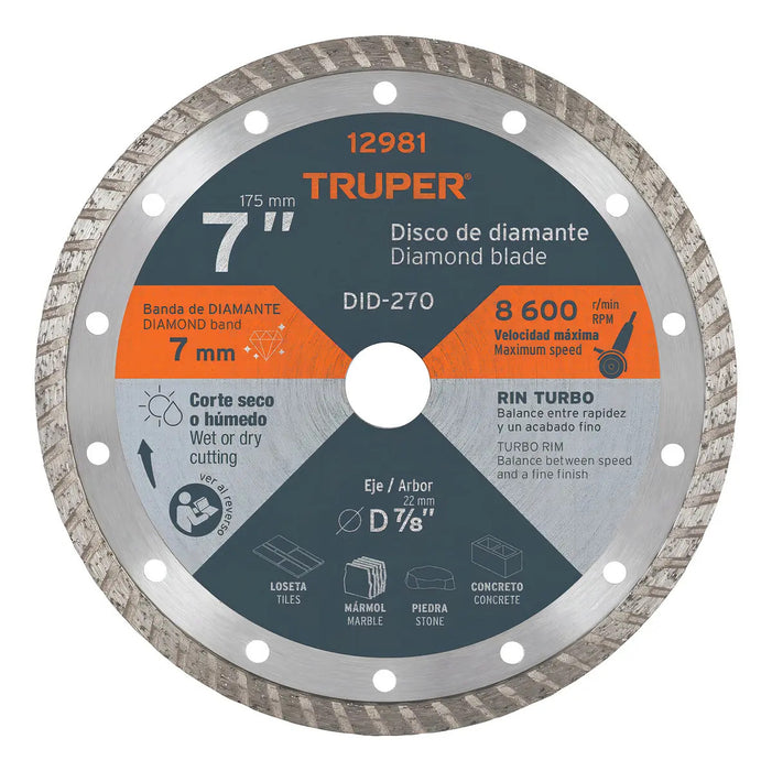 Disco Diamante Turbo 7'' Cortar Concreto Piedra Truper