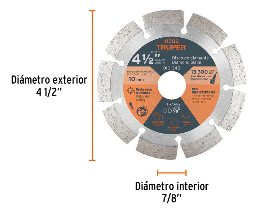 Disco Diamante Segmentado 4.5'' Concreto Piedra Truper DID-345