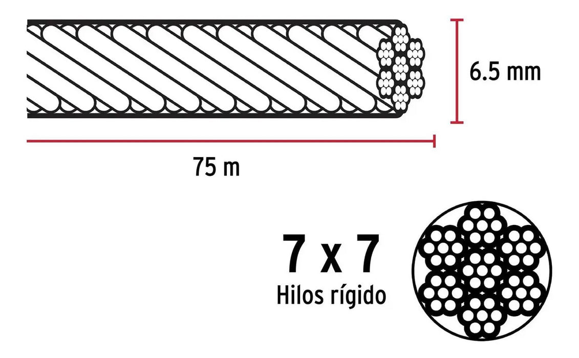 Cable Rígido 1/4'' Acero 7x7 Recubierto PVC, Carrete 75 M