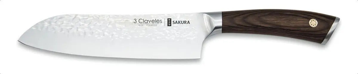 Cuchillo Santoku 3 Claveles Sakura Hoja Martillada Mango Madera 17cm