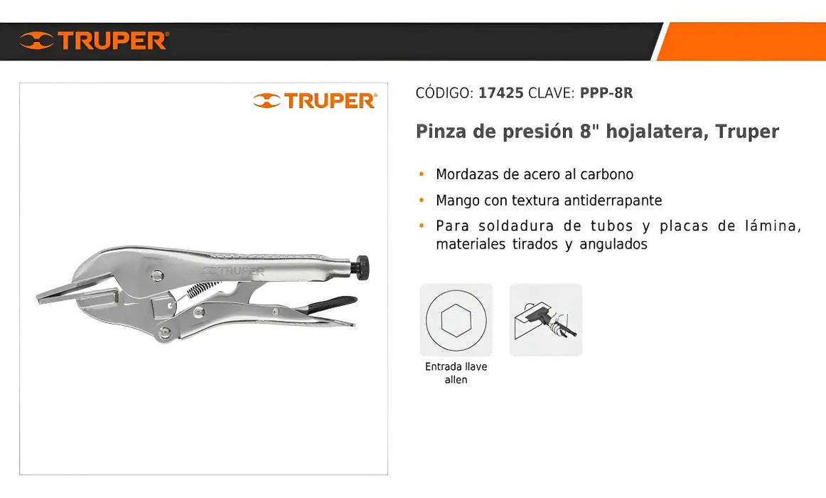 Pinza De Presión Hojalatera 8'' Truper
