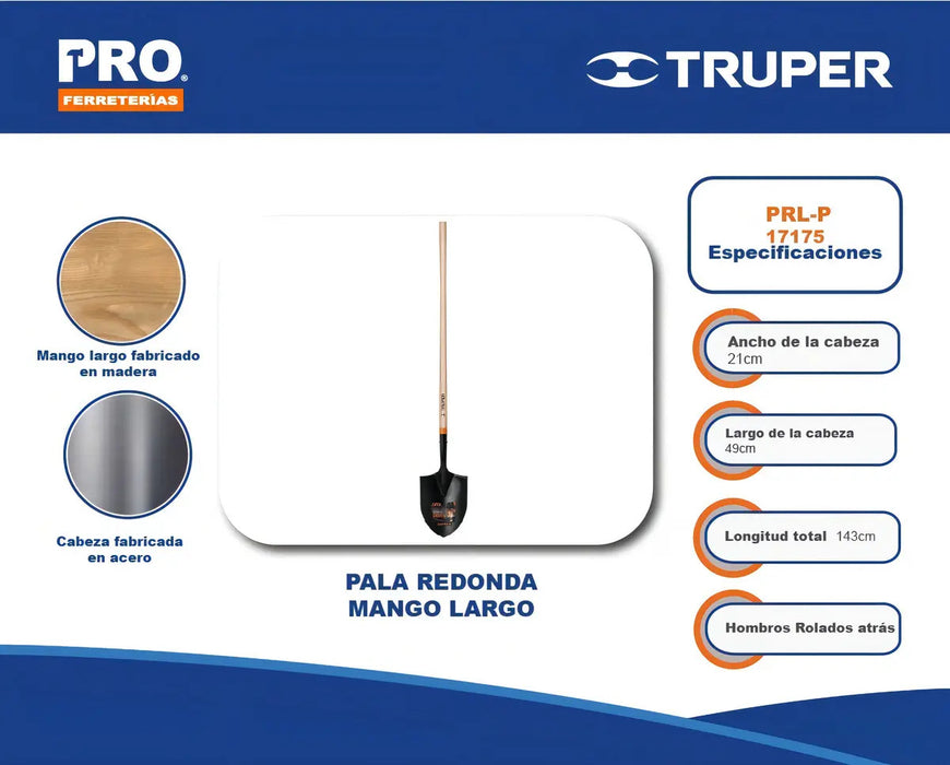 Pala T-2000 Redonda Mango Largo 45' Truper Negro