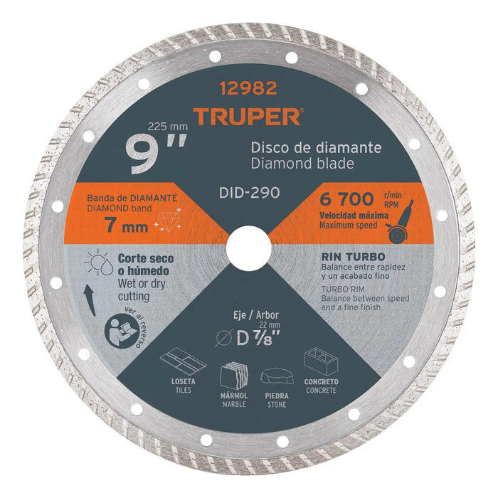 Disco 9'' Diamante Turbo Corte Piedra Concreto Truper