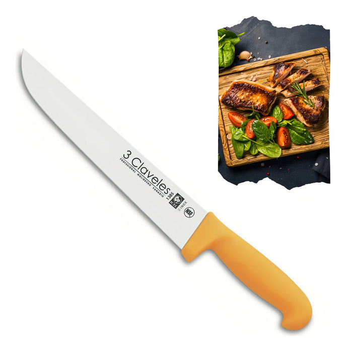 Cuchillo Carnicero 3 Claveles Acero Inoxidable 22 Cm Hoja Ancha Filo Liso Amarillo