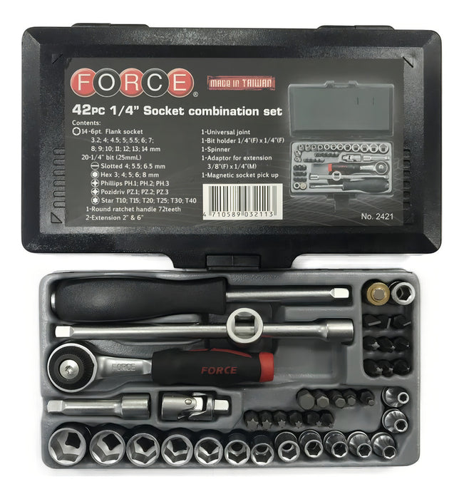 Juego De Dados Y Puntas 1/4'' Hex. Force 42 Piezas