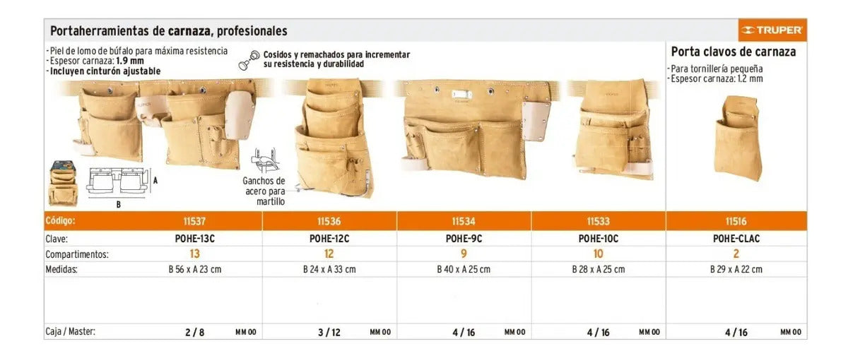 Porta Herramientas Carnaza Cinturón 9 Compartimentos Truper