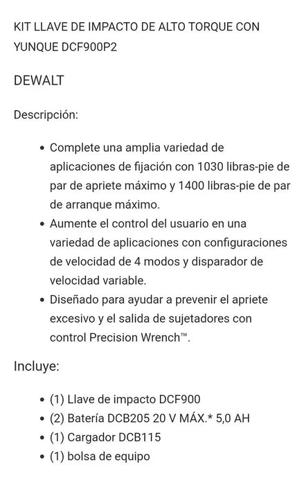 Llave de Impacto Inalámbrica 1/2" Dewalt 1396Nm DCF900P2