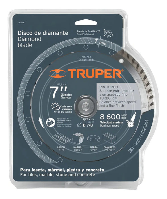 Disco Diamante Turbo 7'' Cortar Concreto Piedra Truper