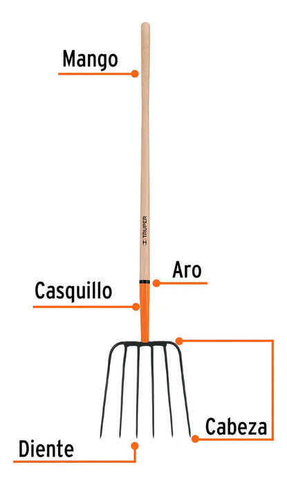 Bieldo Para Paja, 6 Dientes, Mango 48'