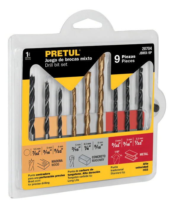 Juego de 9 Brocas Metal, Concreto y Madera Pretul