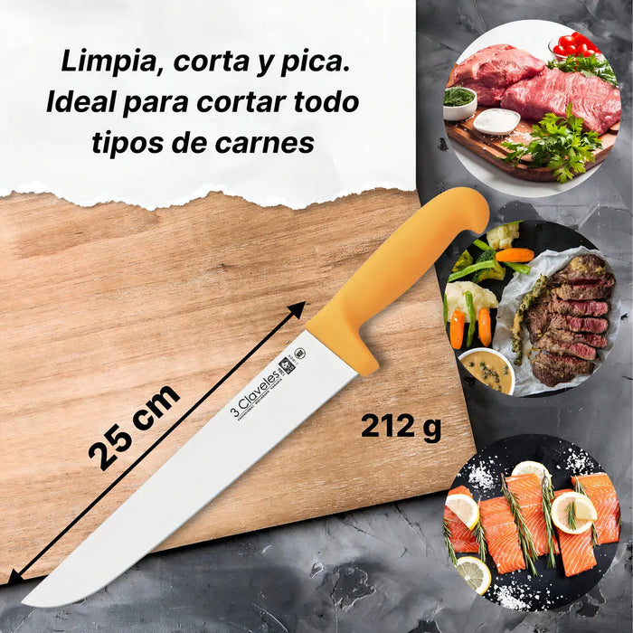 Cuchillo Profesional 3 Claveles Carnicero Angosto 25cm Acero Color Amarillo
