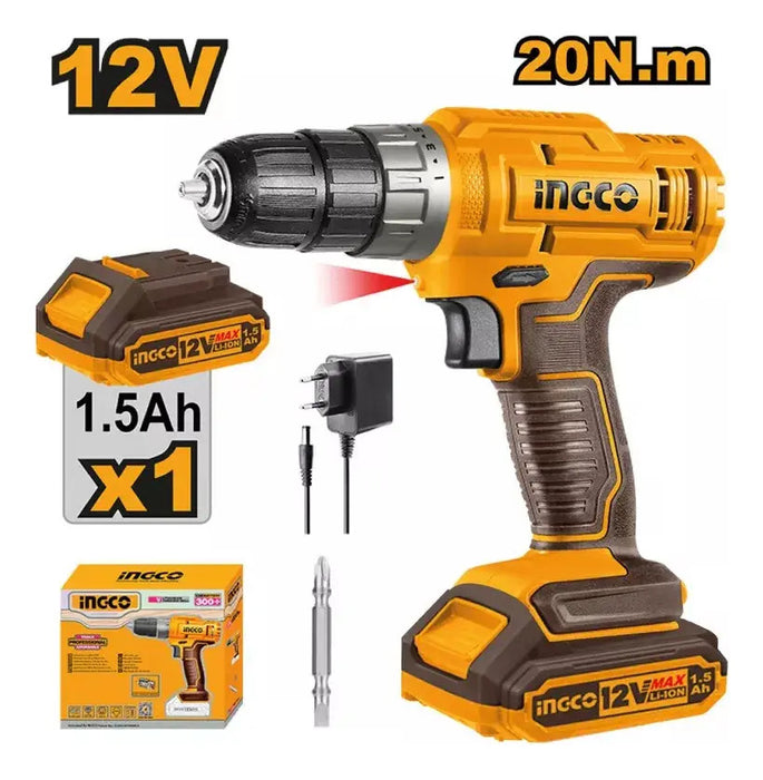 Taladro Atornillador Inalámbrico 12V con Batería y Cargador Ingco