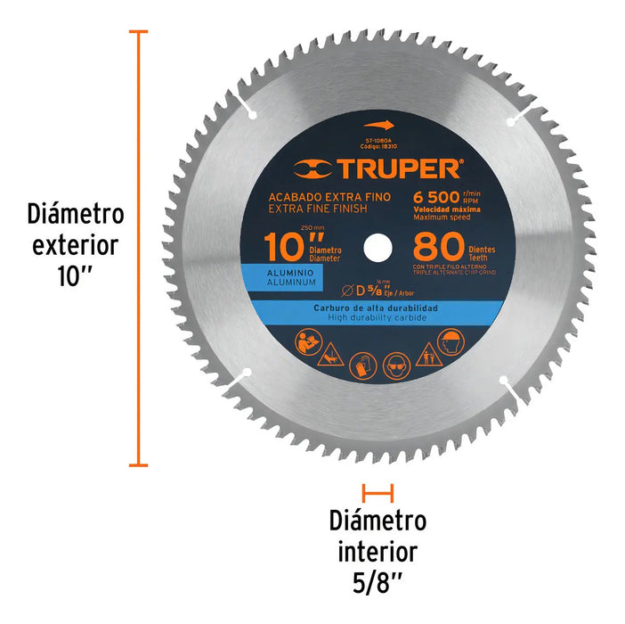 Disco 10'' Sierra Aluminio 5/8 80 Dientes Carburo Truper