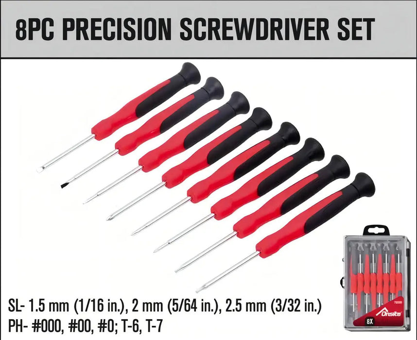 Set de 8 Piezas Atornillador Precisión Mango Ergonómico Goma Puntas Planas Estrella