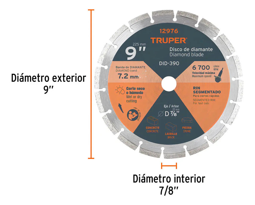 Disco 9'' Diamante Rin Segmenta Concreto Piedra Truper
