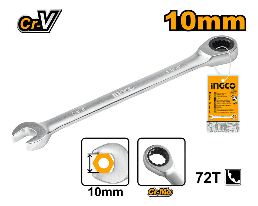 Llave Combinada Industrial Ingco Con Trinquete, 10 Mm