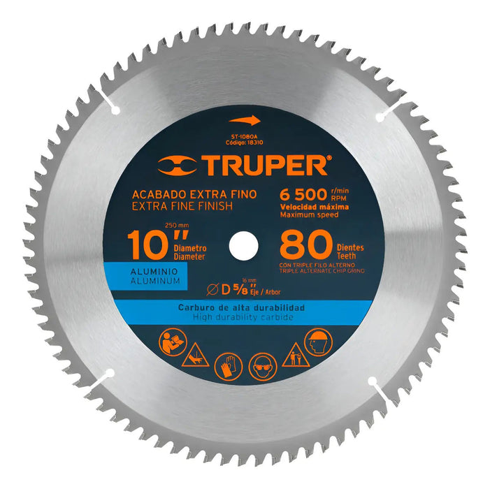 Disco 10'' Sierra Aluminio 5/8 80 Dientes Carburo Truper