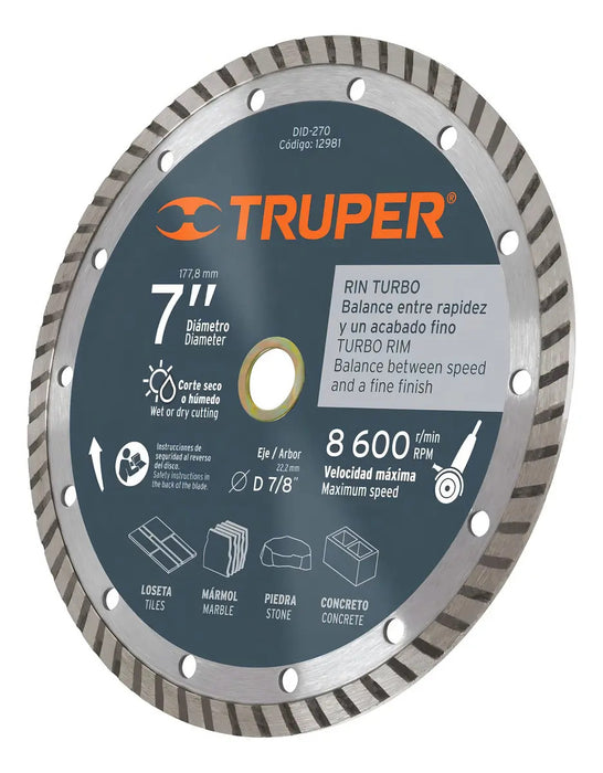 Disco Diamante Turbo 7'' Cortar Concreto Piedra Truper