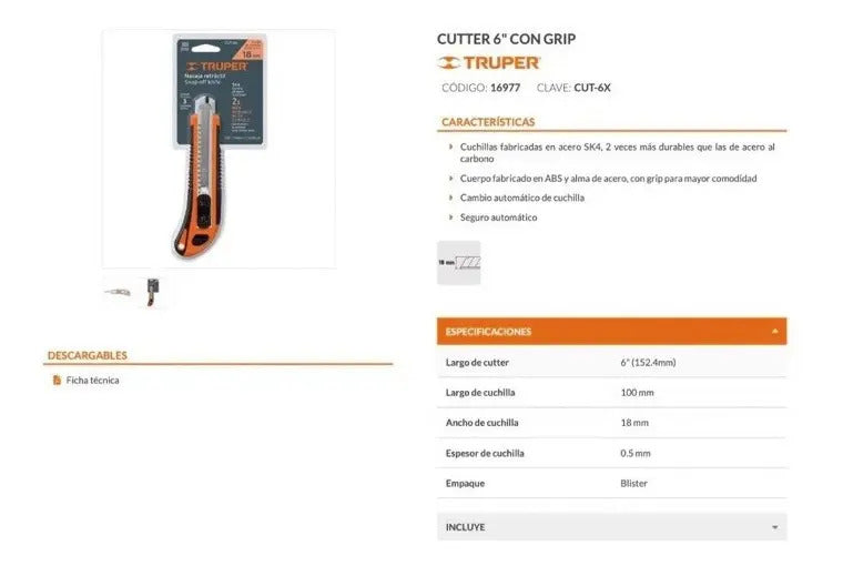Cuchillo Cartonero Truper Trabajo Pesado con 6 Hojas Cut-6x Negro