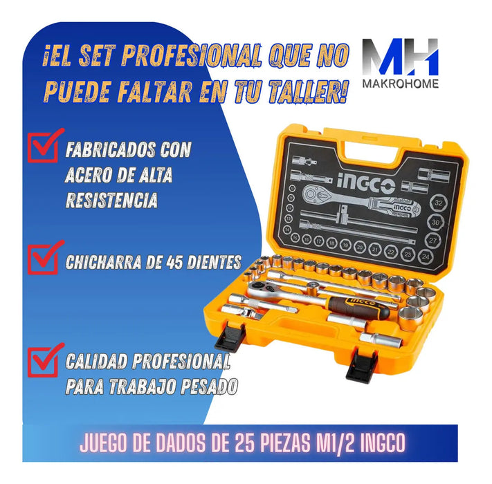 Set 25 Llaves Tubo 1/2" Bocallaves Maletín Ingco