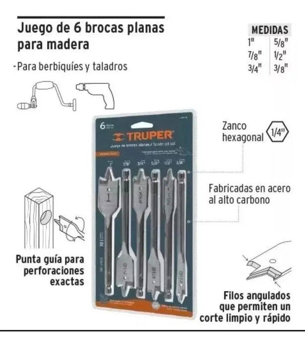 Broca Plana Para Madera Truper 6 Piezas