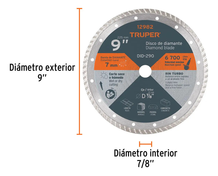 Disco 9'' Diamante Turbo Corte Piedra Concreto Truper