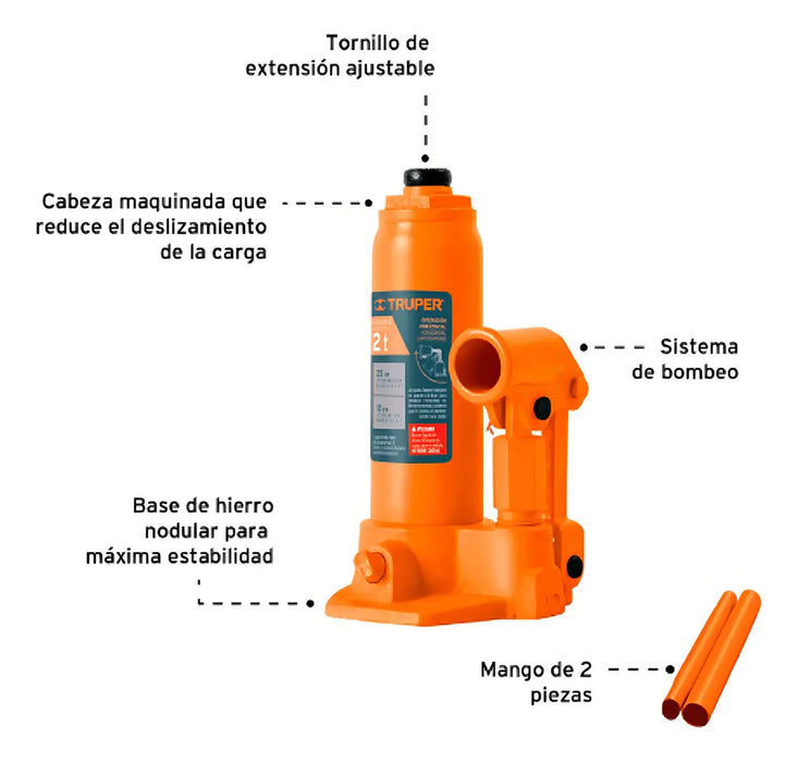 Gato Hidráulico Tipo Botella 2 Toneladas Truper