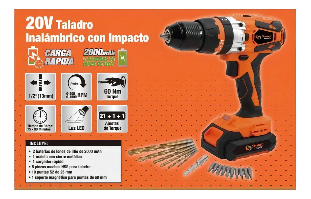 Taladro Impacto Inalámbrico Li-ion 20v 13mm 60 Nm