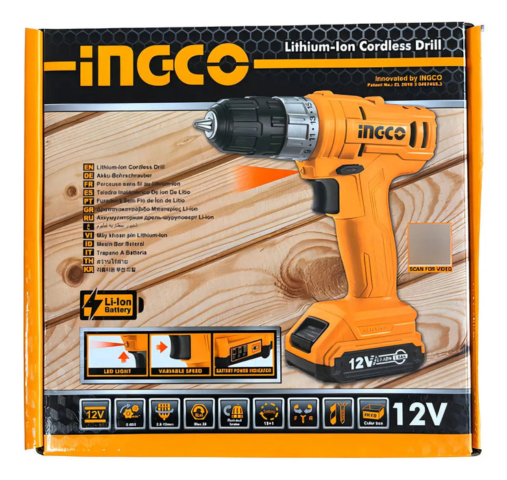 Taladro Atornillador Inalámbrico 12V con Batería y Cargador Ingco