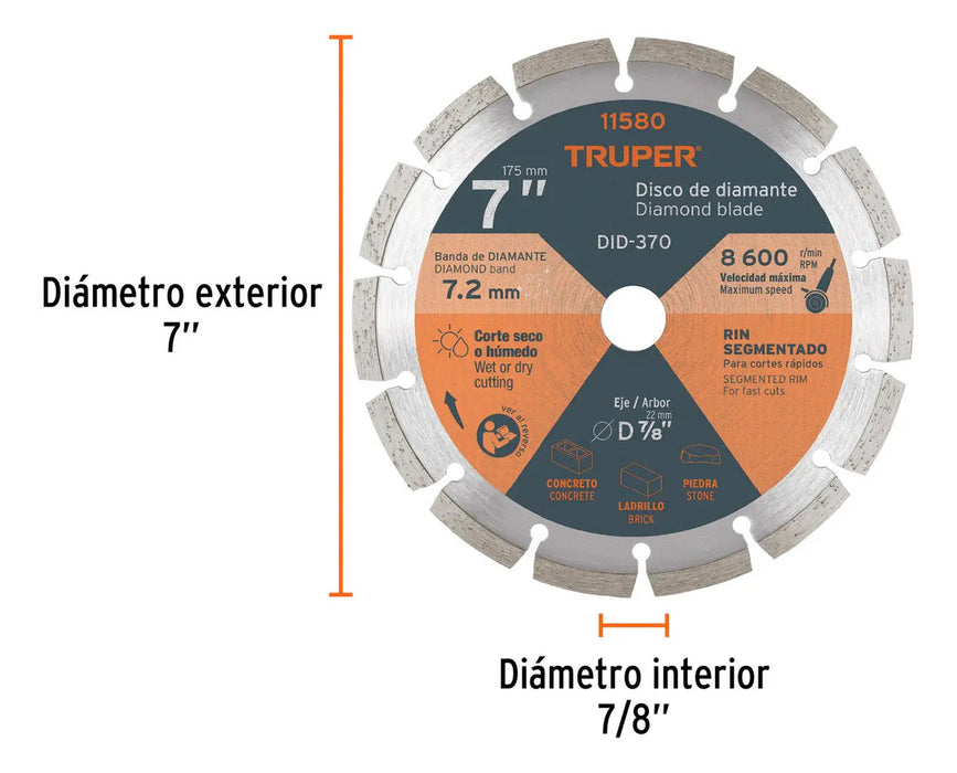 Disco Corte Diamante 7'' Piedra Concreto Truper