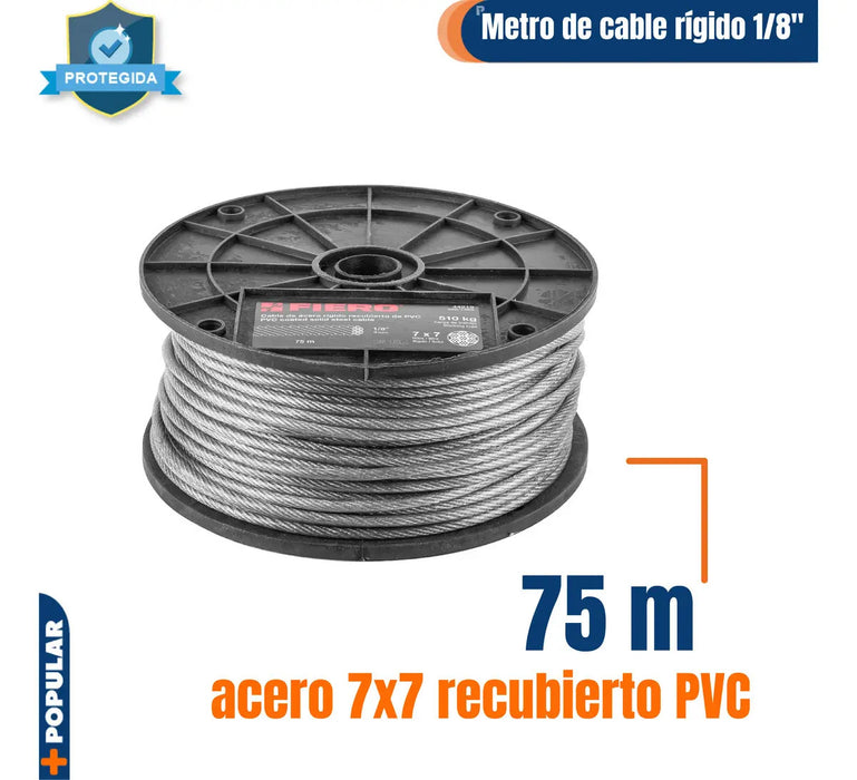 Cable Rígido de Acero 1/8 Recubierto PVC 7x7 75 M