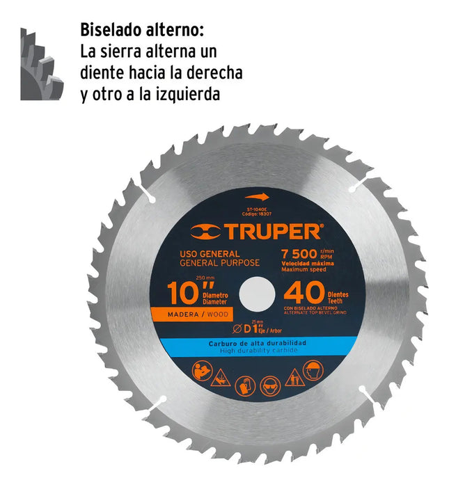 Disco Truper ST-1040E 25 cm 40 Dientes Madera 1''