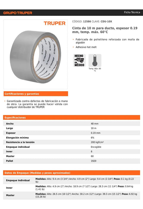 Cinta Truper Para Ductos 10 Metros 0.19 Mm Alta Resistencia Térmica Hasta 60 Grados Perfecta Para Se