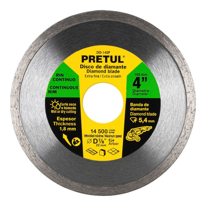 Disco Corte Diamantado 4" x 7/8" Pretul Plateado
