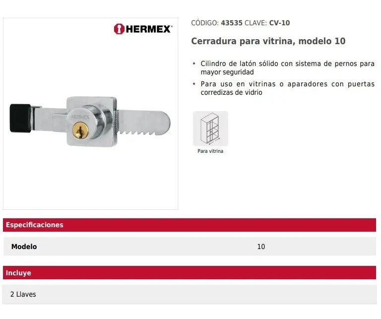 Cerradura para Vitrina Deslizable