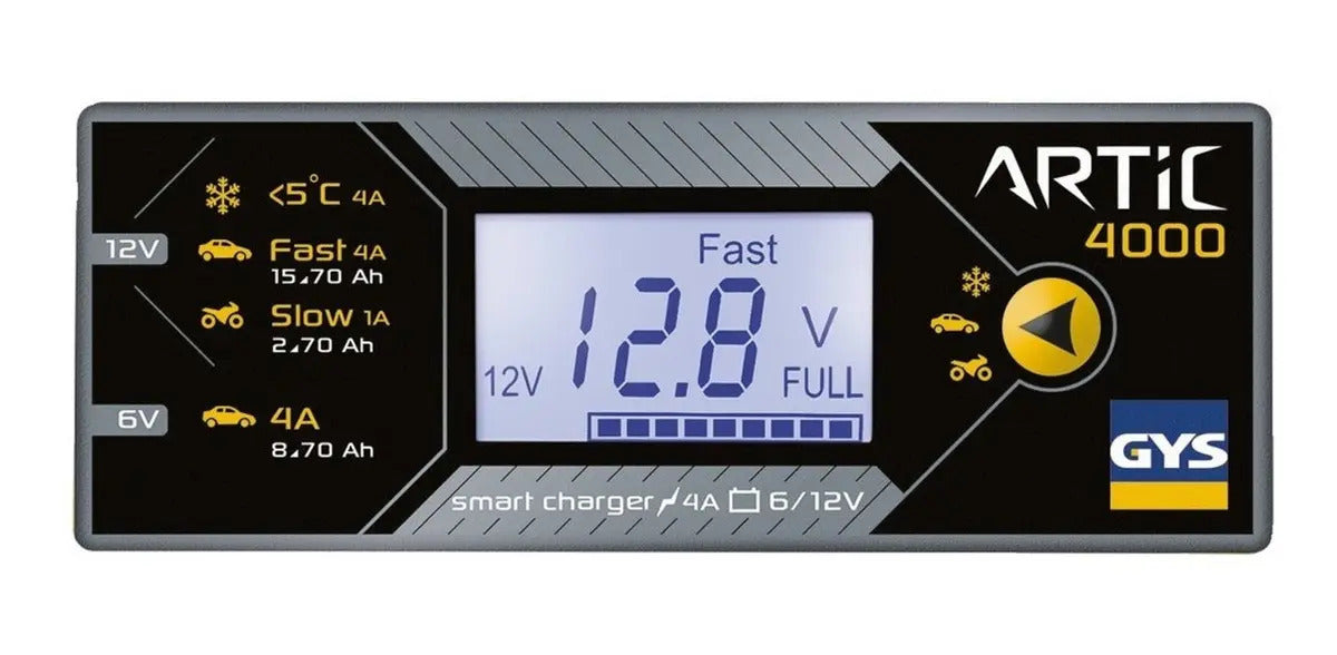 Cargador de Baterías Gys 12V 4A Pantalla LCD para Auto y Moto IP65