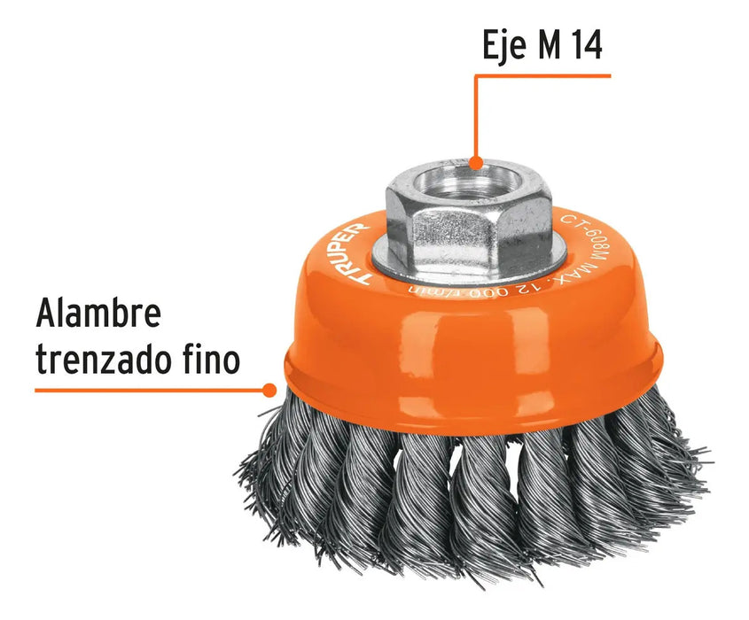 Grata Copa Trenzada 3'' Eje M14 Truper