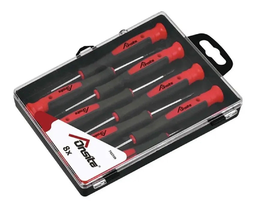 Set de 8 Piezas Atornillador Precisión Mango Ergonómico Goma Puntas Planas Estrella