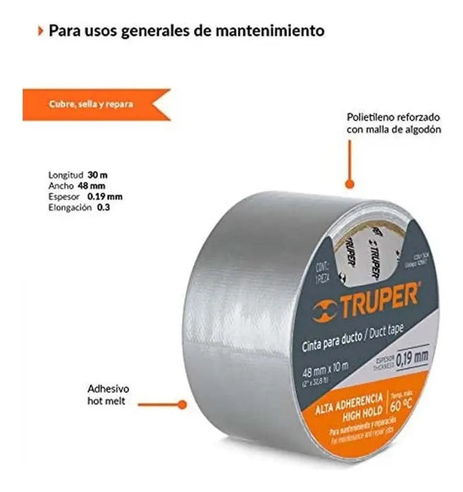 Cinta Truper Para Ductos 10 Metros 0.19 Mm Alta Resistencia Térmica Hasta 60 Grados Perfecta Para Se
