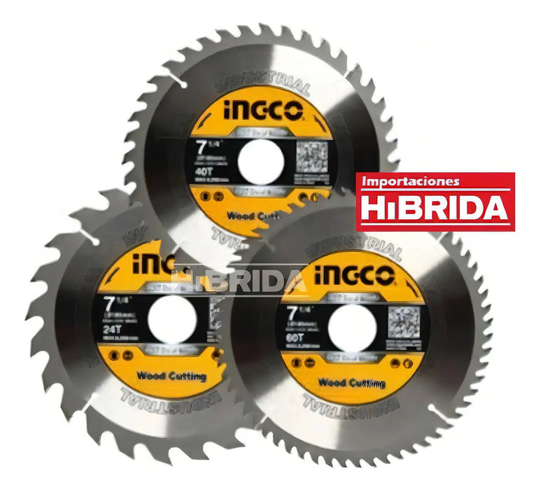Disco Corte Madera Jgo.3 Pzas. 7 1/4" 24 T, 40 T, 60 T Ingco