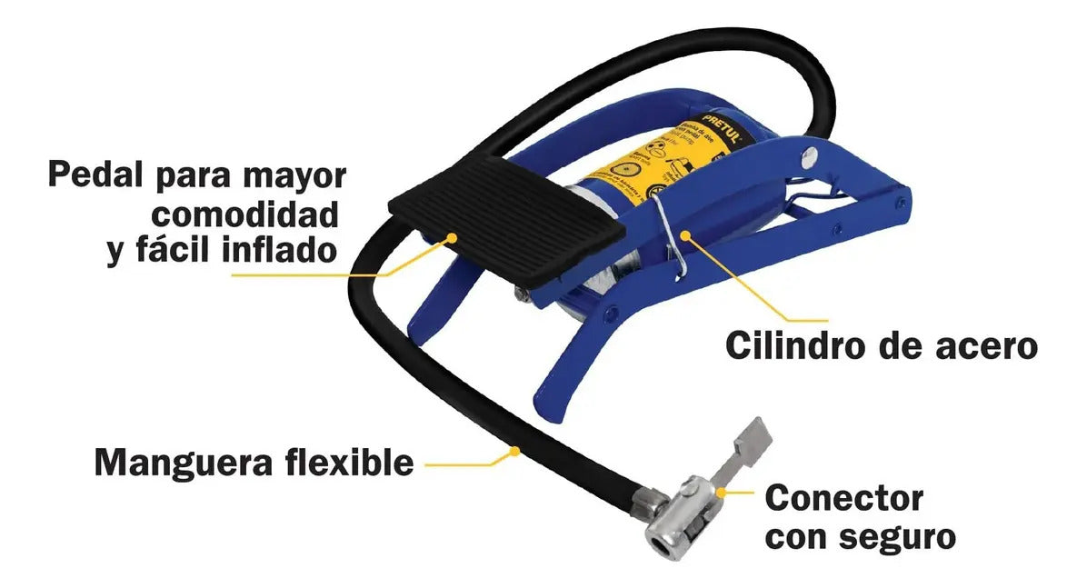 Inflador de Pie con Picos para Bicicletas y Pelotas Truper Azul