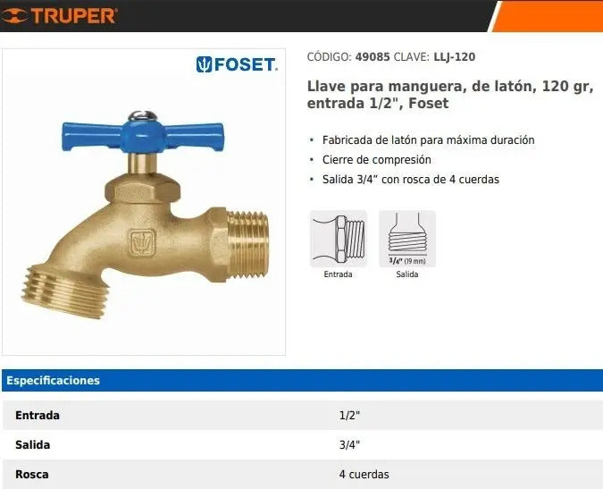 Llave Para Manguera de Latón 120 Gr Entrada 1/2 Foset Dorado