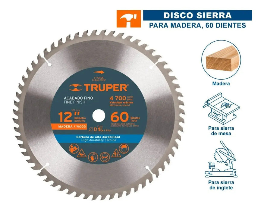 Disco Sierra para Madera 12' 60 Dientes Centro 1' Truper