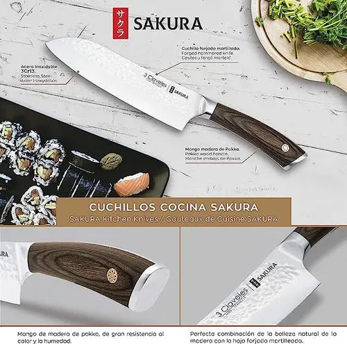 Cuchillo Santoku 3 Claveles Sakura Hoja Martillada Mango Madera 17cm
