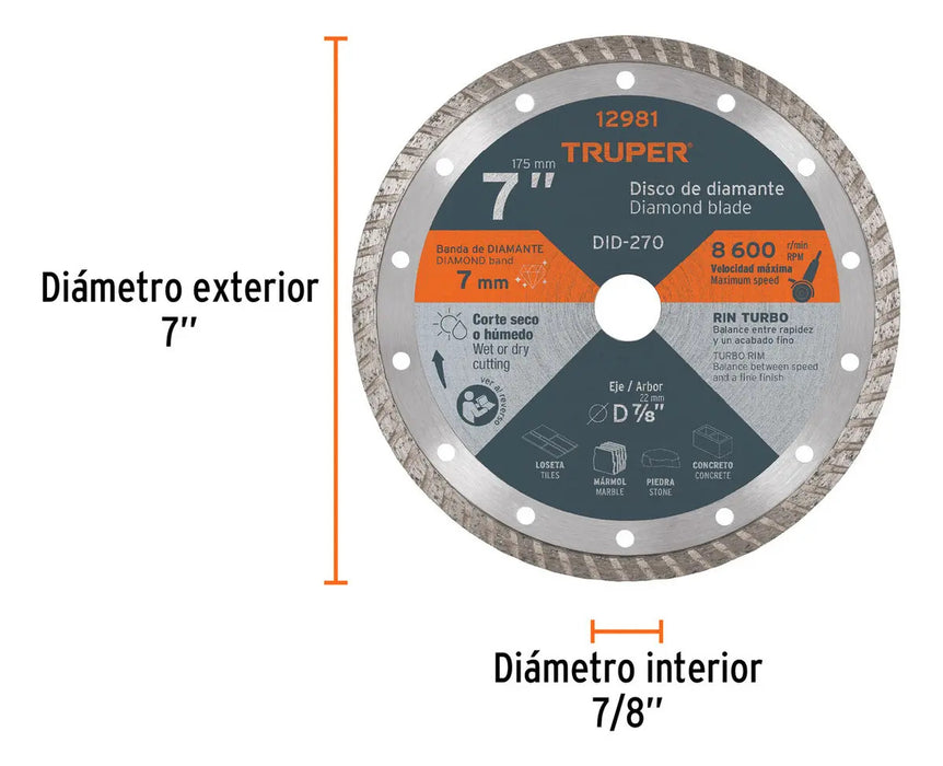 Disco Diamante Turbo 7'' Cortar Concreto Piedra Truper