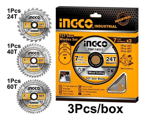 Disco Corte Madera Jgo.3 Pzas. 7 1/4" 24 T, 40 T, 60 T Ingco